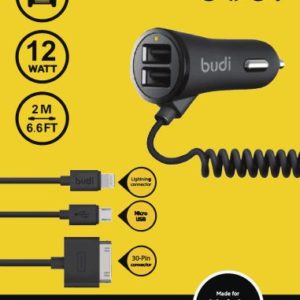 Автомобильное зарядное устройство Budi Car Carger 2 USB with 30 pin / Micro USB / Lightning Cable